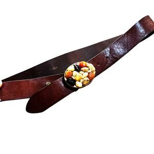 Vintage A. V. Max NYC brown leather belt unique brass and stone buckle size M